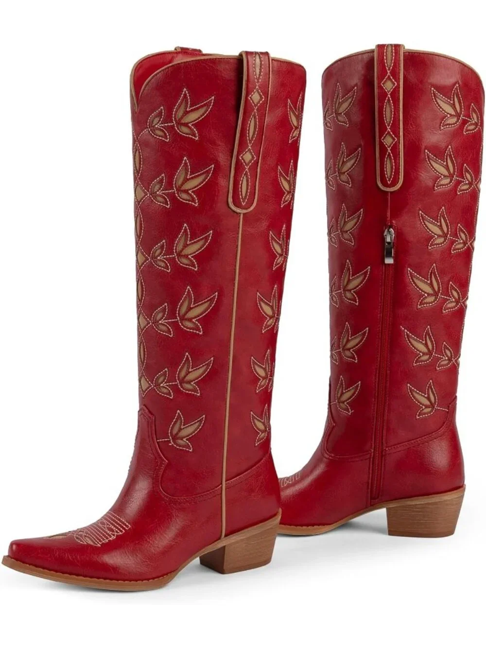 Women's Red 1 Knee High Cowgirl Boots Pointed Toe Slip On Chunky Heel